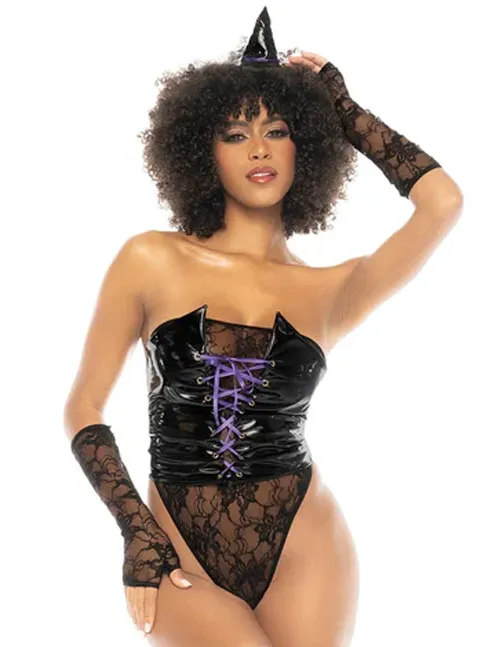 Bewitching Temptation Lace Up Bodysuit & Witch Hat