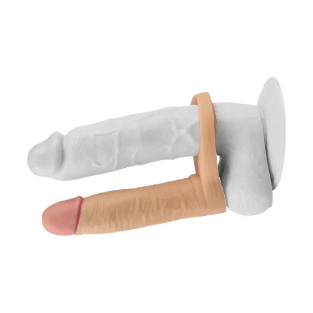 Inel pentru penis cu dildo LOVETOY Ultra Soft Double. pentru dublă penetrare. lungime 17.8 cm. culoarea pielii