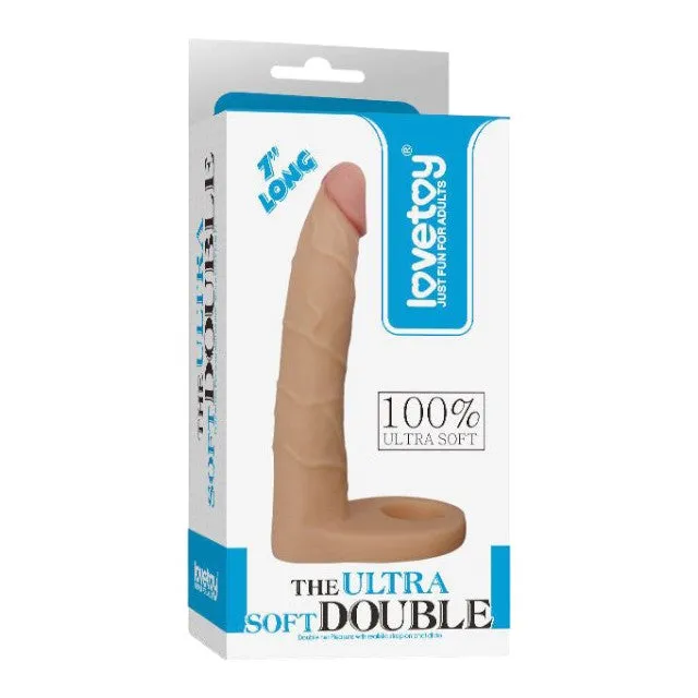 Inel pentru penis cu dildo LOVETOY Ultra Soft Double. pentru dublă penetrare. lungime 17.8 cm. culoarea pielii