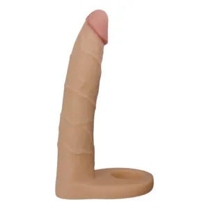 Inel pentru penis cu dildo LOVETOY Ultra Soft Double. pentru dublă penetrare. lungime 17.8 cm. culoarea pielii