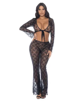 Lace Long Sleeve Tie Crop Top & Flare Pant Set