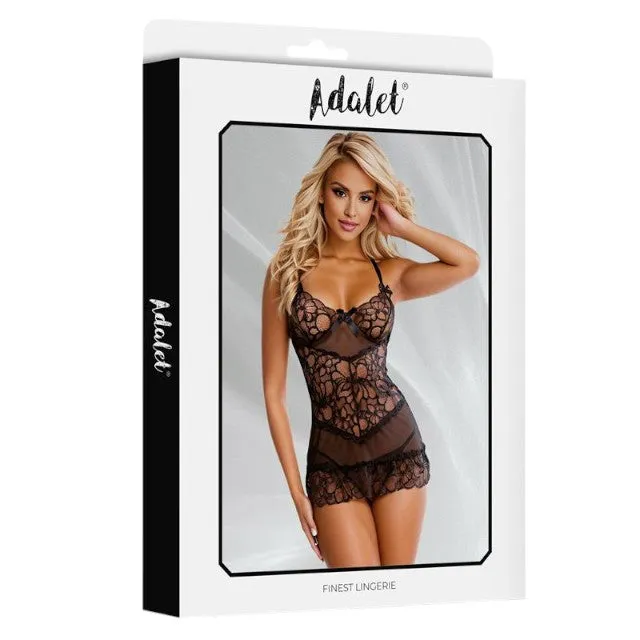 Lenjerie sexy 2 piese ADALET Scarlett. Babydoll cu dantelă și fundițe   Chilot tanga. negru. mărime L/XL