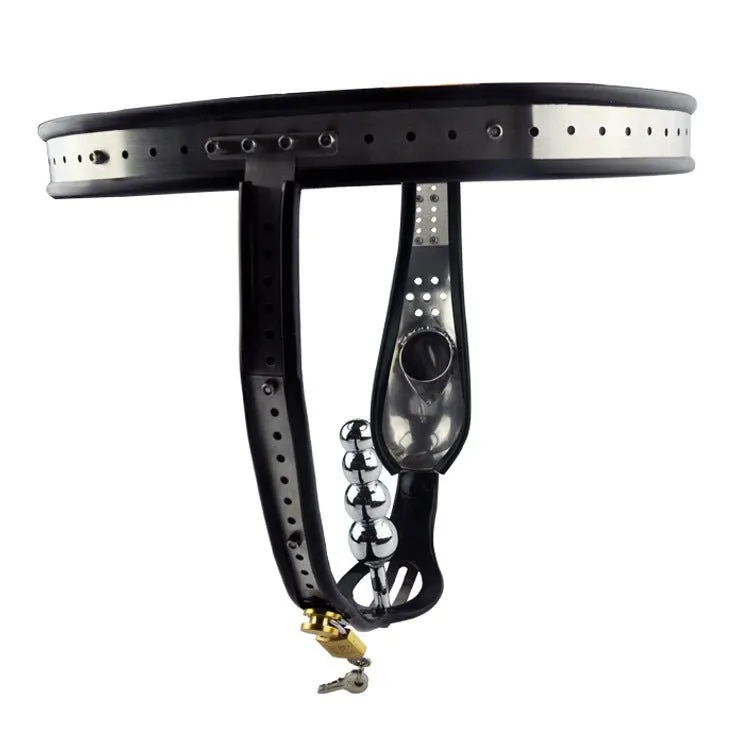 Locking Steel Chastity Belt with Shaped Steel Cock and Ball Prison and Steel Ripple Anal Plug CB6000S