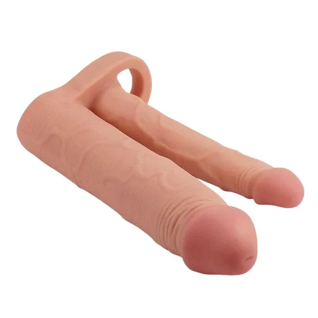 Manșon pentru extensia penisului LOVETOY Double Pleasure X-Tender. cu dildo pentru dublă penetrare. culoarea pielii