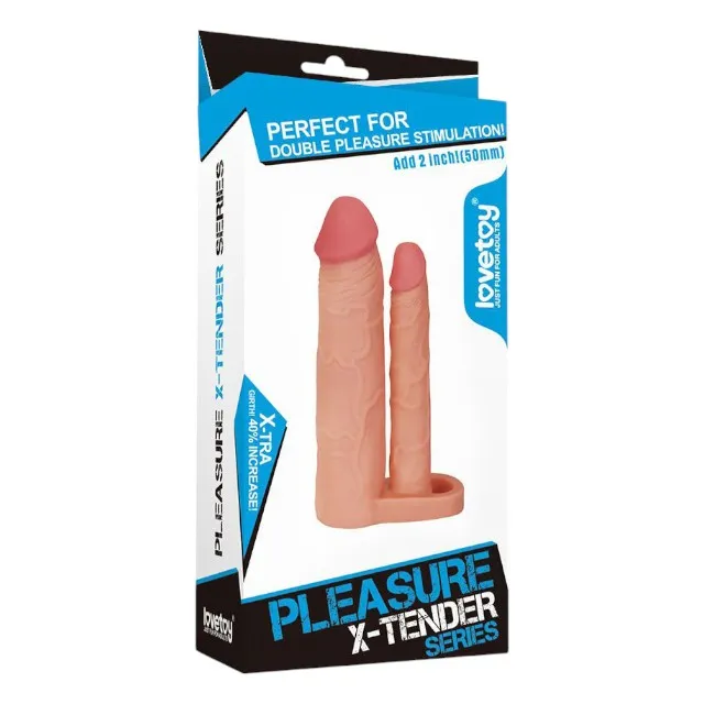 Manșon pentru extensia penisului LOVETOY Double Pleasure X-Tender. cu dildo pentru dublă penetrare. culoarea pielii