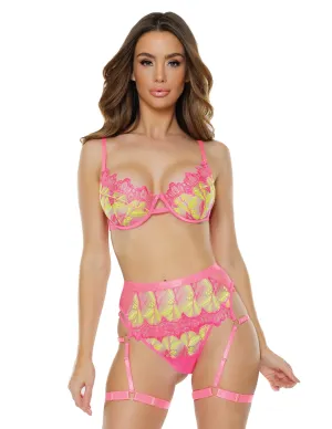 Neon Floral Embroidery Bra. Thong & Leg Garterbelt