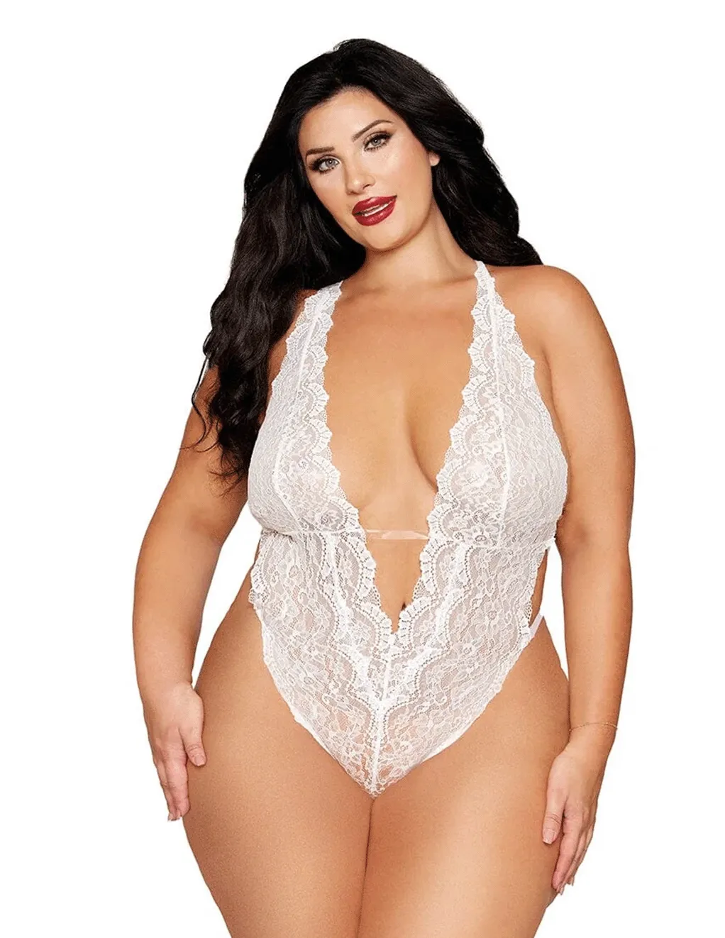 Plunge Lace Teddy w. Removable Pearl Harness