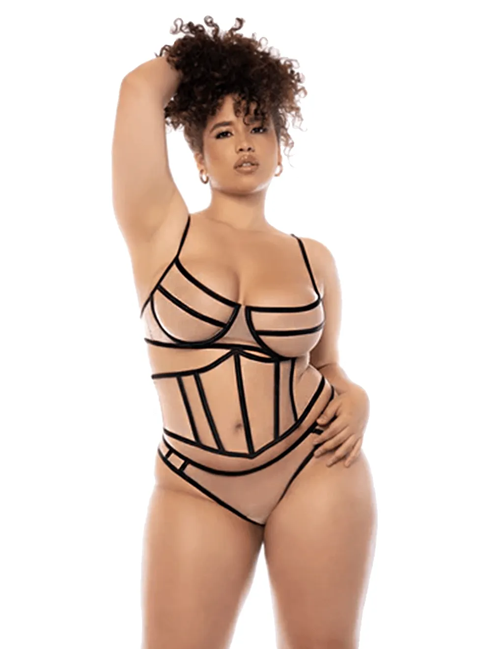 Solaine Sheer Mesh Waist Cincher Set w/Binding Details