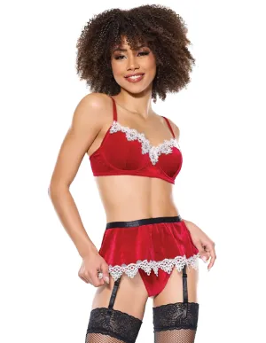 Velvet Underwire Bra. Garter Skirt & Thong w. Embroidered Lace Edges