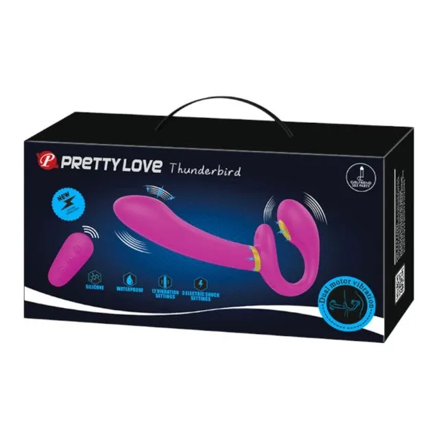 Vibrator dublu PRETTY LOVE Thunderbird. strap-on fără ham. 3 funcții de electroșoc. control prin telecomandă. roz. 22.5 cm